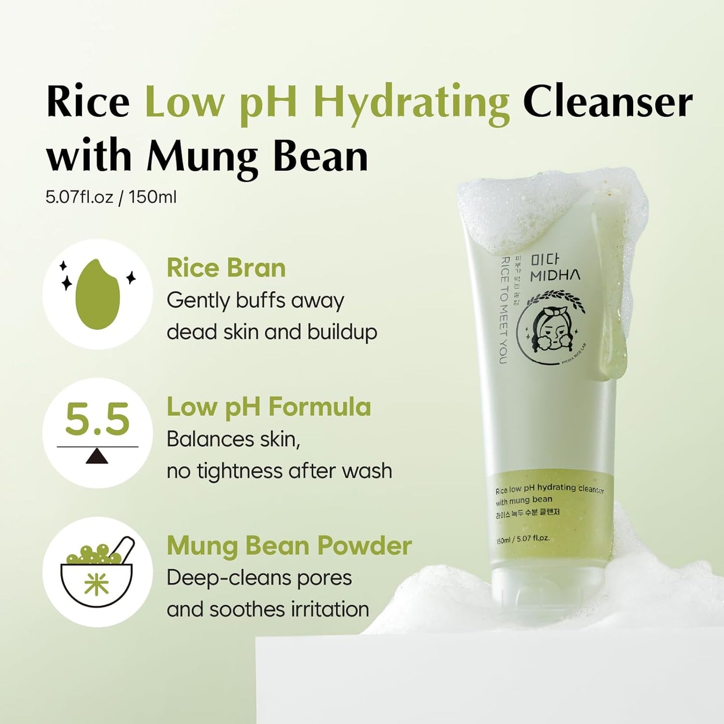 MIDHA Low pH Rice Gentle Cleanser with Mung Bean
