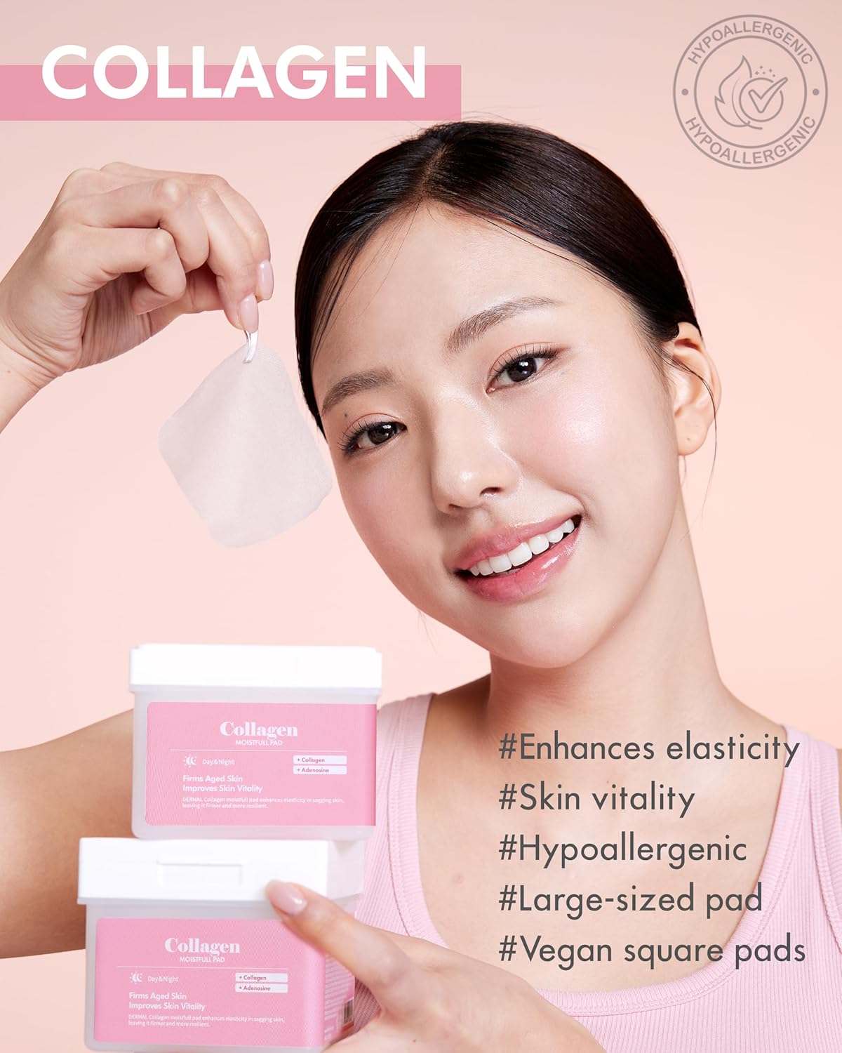 DERMAL Collagen Moistfull Pad - Korean Toner Pad for Elasticity & Wrinkle Improvement with Peptides - Vegan Tencel Square Pads - High Capacity, 120 Sheets