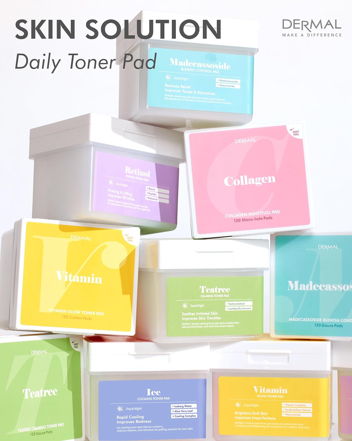 DERMAL Collagen Moistfull Pad - Korean Toner Pad for Elasticity & Wrinkle Improvement with Peptides - Vegan Tencel Square Pads - High Capacity, 120 Sheets
