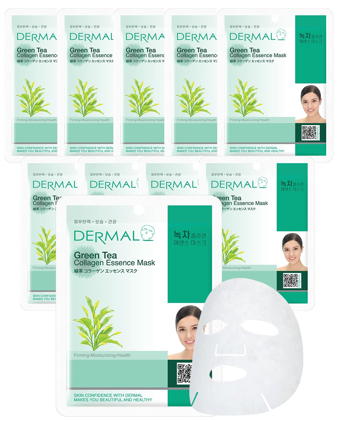 DERMAL Green Tea Collagen Essence Facial Mask Sheet 23g Pack of 10