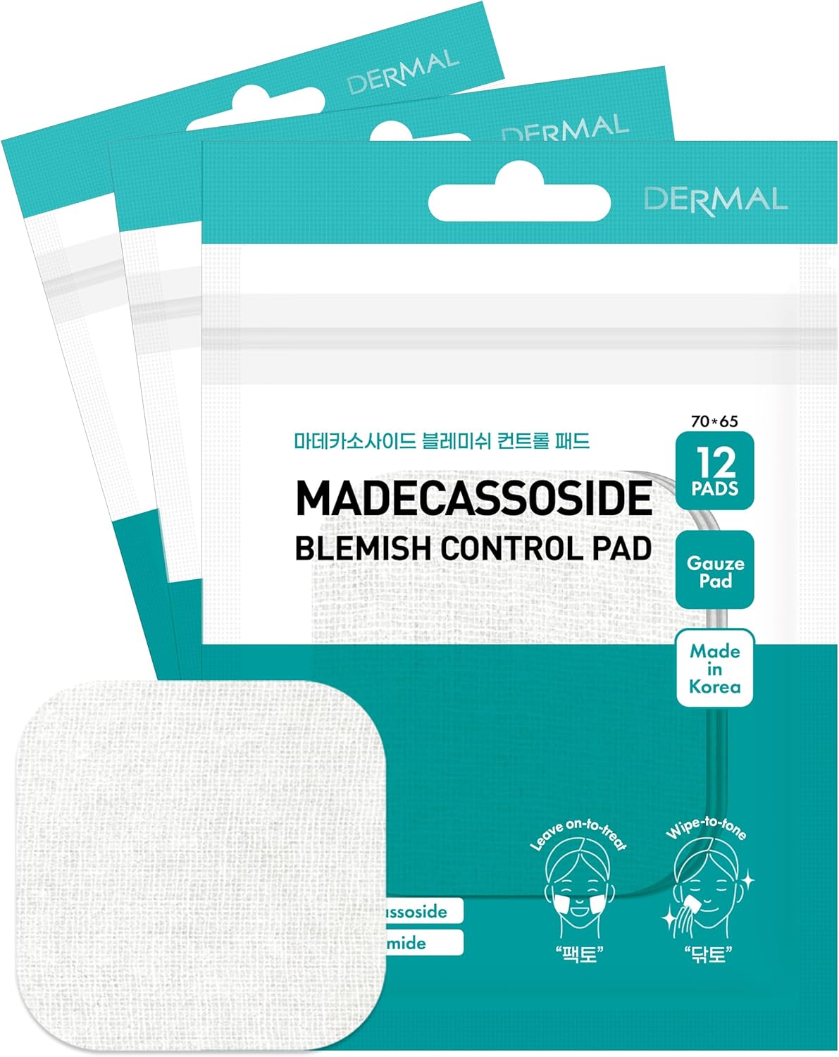 DERMAL Madecassoside Blemish Control Toner Pad - Korean Toner Pad for Blemish & Tone Improvement with Centella Asiatica - Vegan Gauze Tencel Square Pads - Travel Kit 12 Pads, 3 Pack (Total 36 Pads)