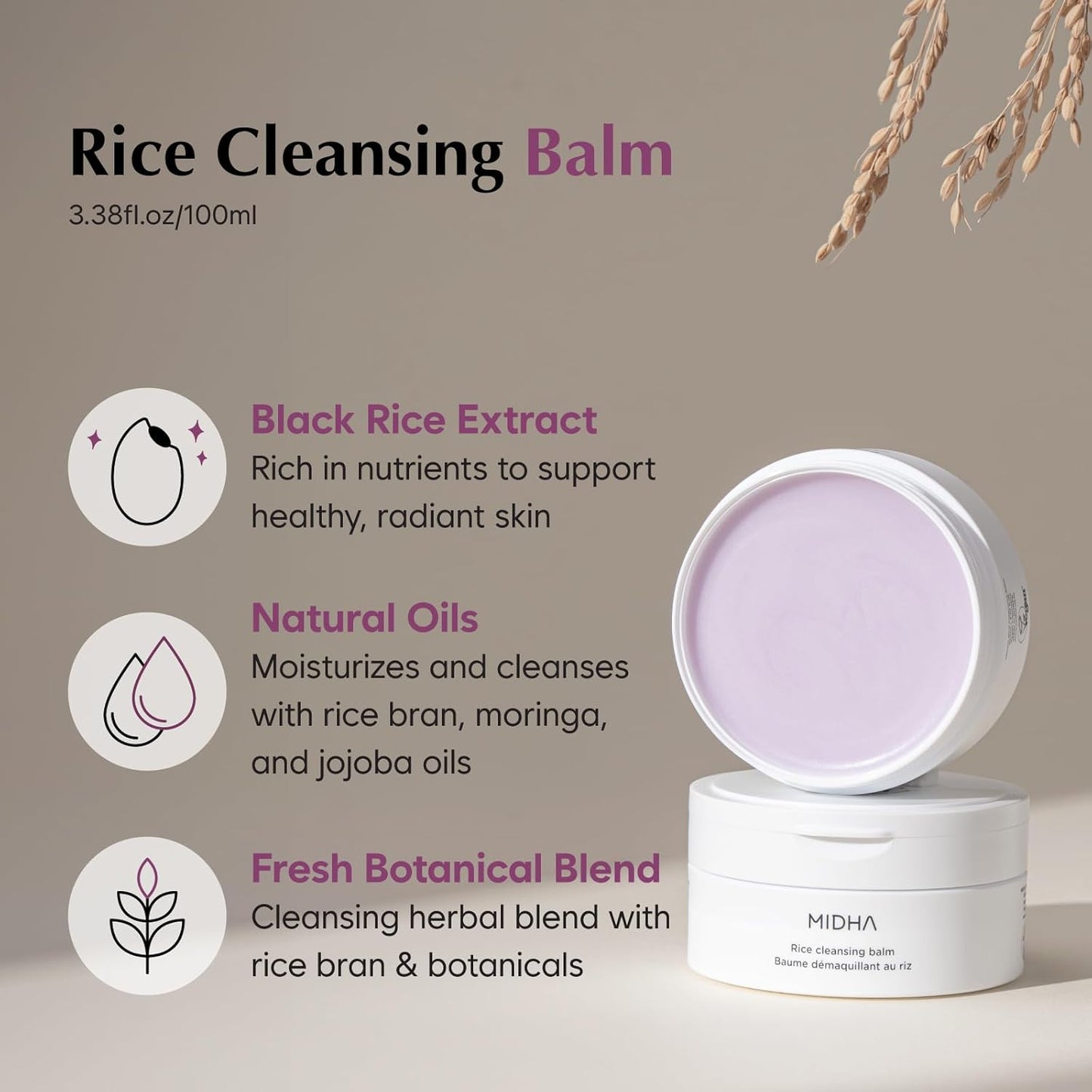 MIDHA Rice Cleansing Balm, 3.38fl.oz/100ml