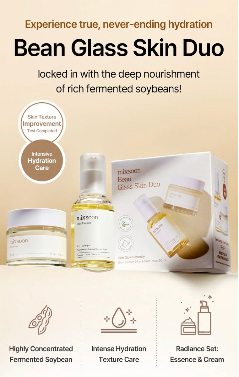 mixsoon Bean Glass Skin Duo Bean Essence 50ml + Bean Cream 50ml 3.38 Fl. Oz / 100ml Glass Skin Care