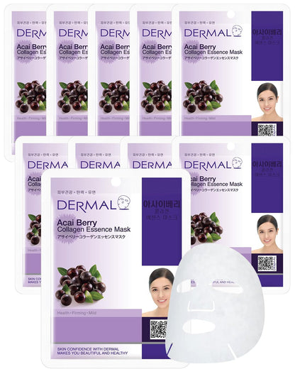 DERMAL Acai Berry Collagen Essence Facial Mask Sheet 23g Pack of 10