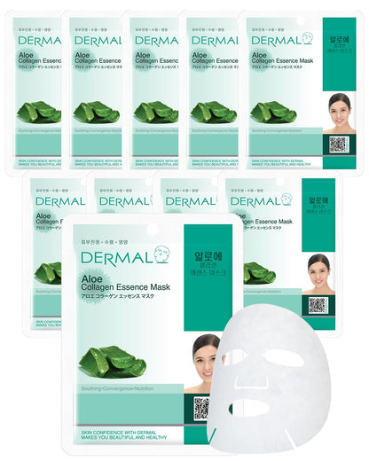 DERMAL Aloe Collagen Essence Facial Mask Sheet 23g Pack of 10