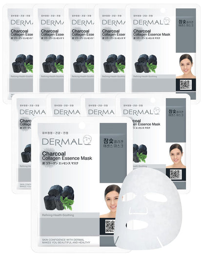 DERMAL Charcoal Collagen Essence Korean Facial Mask Sheet 23g Pack of 10