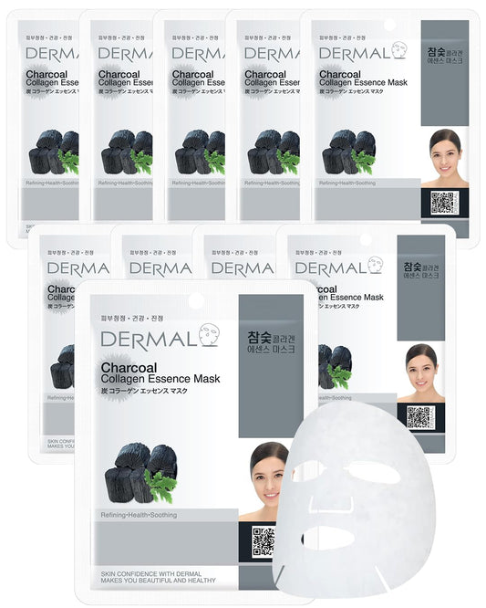 DERMAL Charcoal Collagen Essence Korean Facial Mask Sheet 23g Pack of 10