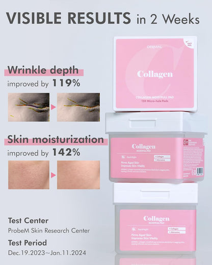DERMAL Collagen Moistfull Pad - Korean Toner Pad for Elasticity & Wrinkle Improvement with Peptides - Vegan Tencel Square Pads - High Capacity, 120 Sheets