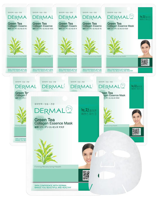 DERMAL Green Tea Collagen Essence Facial Mask Sheet 23g Pack of 10