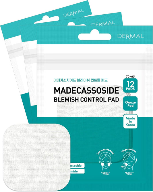 DERMAL Madecassoside Blemish Control Toner Pad - Korean Toner Pad for Blemish & Tone Improvement with Centella Asiatica - Vegan Gauze Tencel Square Pads - Travel Kit 12 Pads, 3 Pack (Total 36 Pads)
