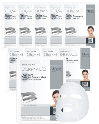 DERMAL Platinum Collagen Essence Face Facial Mask Sheet 23g Pack of 10