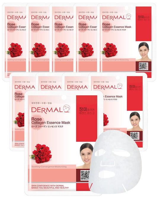 DERMAL Rose Collagen Essence Facial Mask Sheet 23g Pack of 10