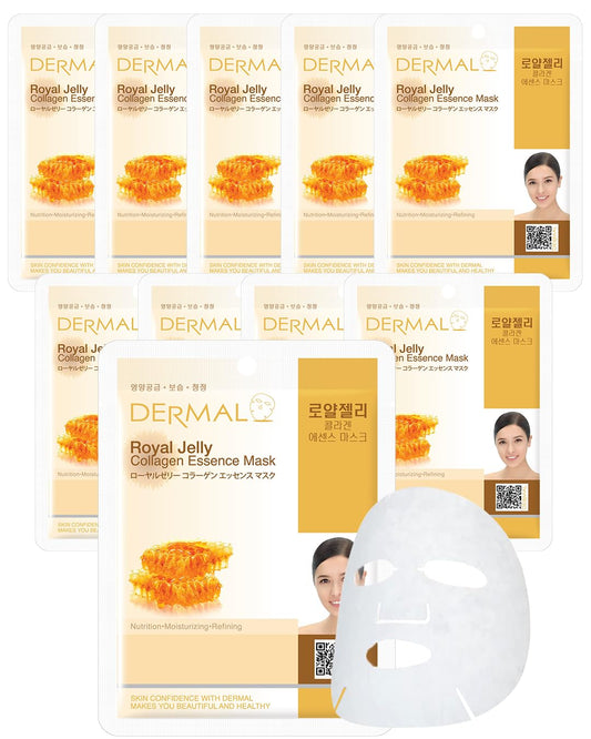 DERMAL Royal Jelly Collagen Essence Korean Facial Mask Sheet Pack of 10
