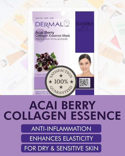 DERMAL Acai Berry Collagen Essence Facial Mask Sheet 23g Pack of 10