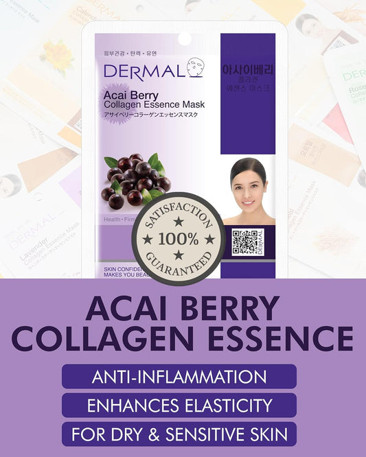 DERMAL Acai Berry Collagen Essence Facial Mask Sheet 23g Pack of 10