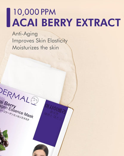 DERMAL Acai Berry Collagen Essence Facial Mask Sheet 23g Pack of 10