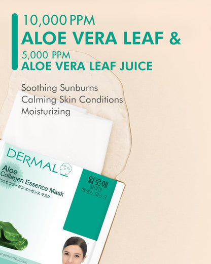 DERMAL Aloe Collagen Essence Facial Mask Sheet 23g Pack of 10