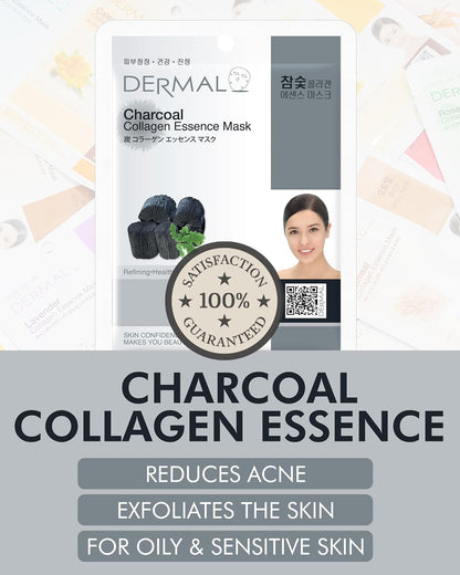 DERMAL Charcoal Collagen Essence Korean Facial Mask Sheet 23g Pack of 10