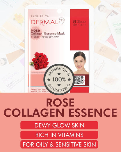 DERMAL Rose Collagen Essence Facial Mask Sheet 23g Pack of 10